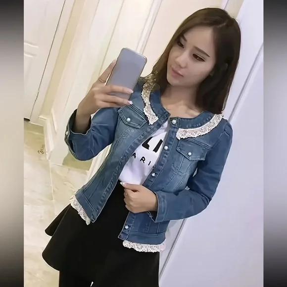 Women's Cropped Faux Pearl Denim Jacket, Elegant Style, Lace Trim, Vintage Style Jean Jackets